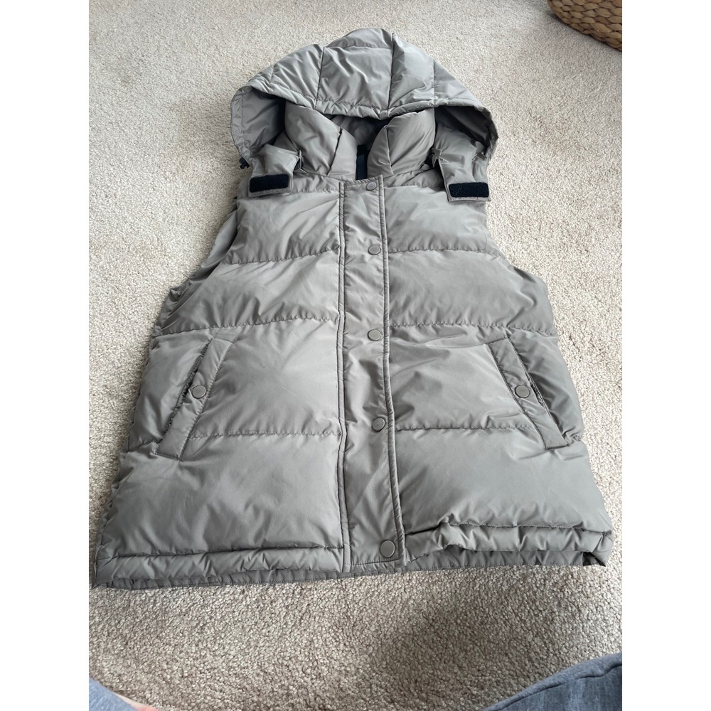 Quince Responsible Down Puffer Vest Taupe Gray Detachable Hood Women Small DL001